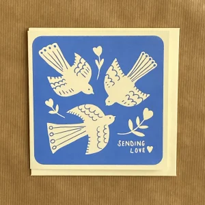 Blue Birds Sending Love handprinted card by Sarah Callender