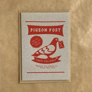 Pigeon Post card - red on kraft card - handprinted by Sarah Callender